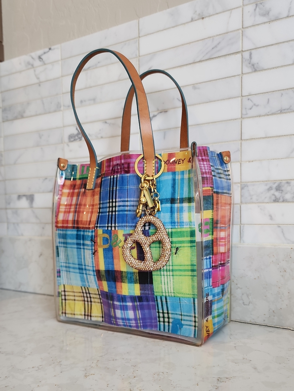 Dooney & Bourke Multicolor Plaid Patchwork Clear Tote with Brown Leather Handles - Picture 7 of 8